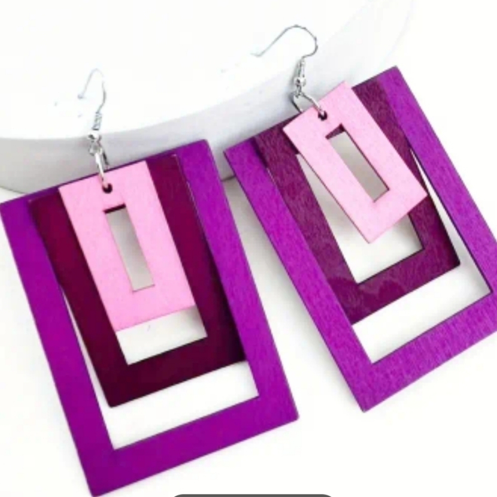 Wooden Multi-layer Geometric Square Gradient Color Hollow Dangle Earrings